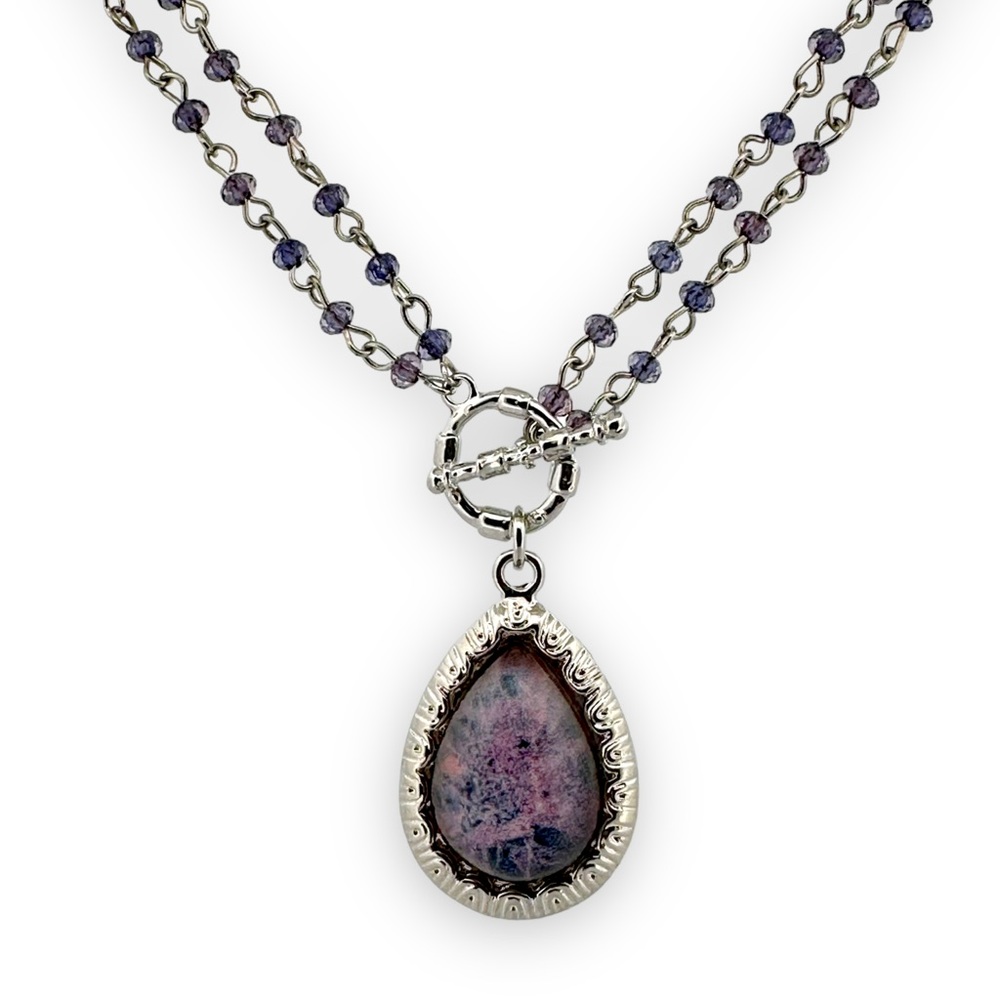 New York & Co Purple and Silver Beaded Double Strand Teardrop Toggle Necklace - Picture 1 of 6